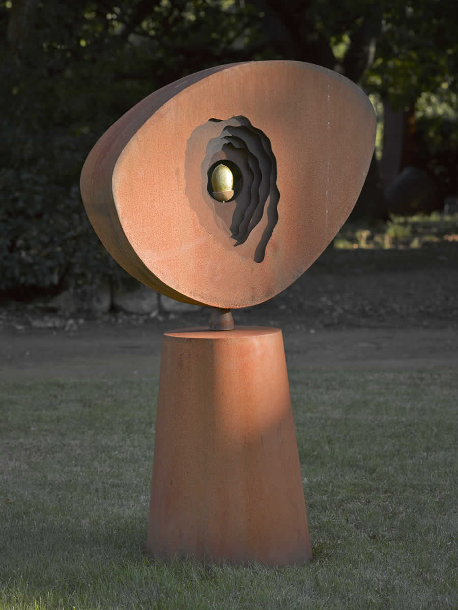 1.75m tall, corten steel/gilded stone acorn