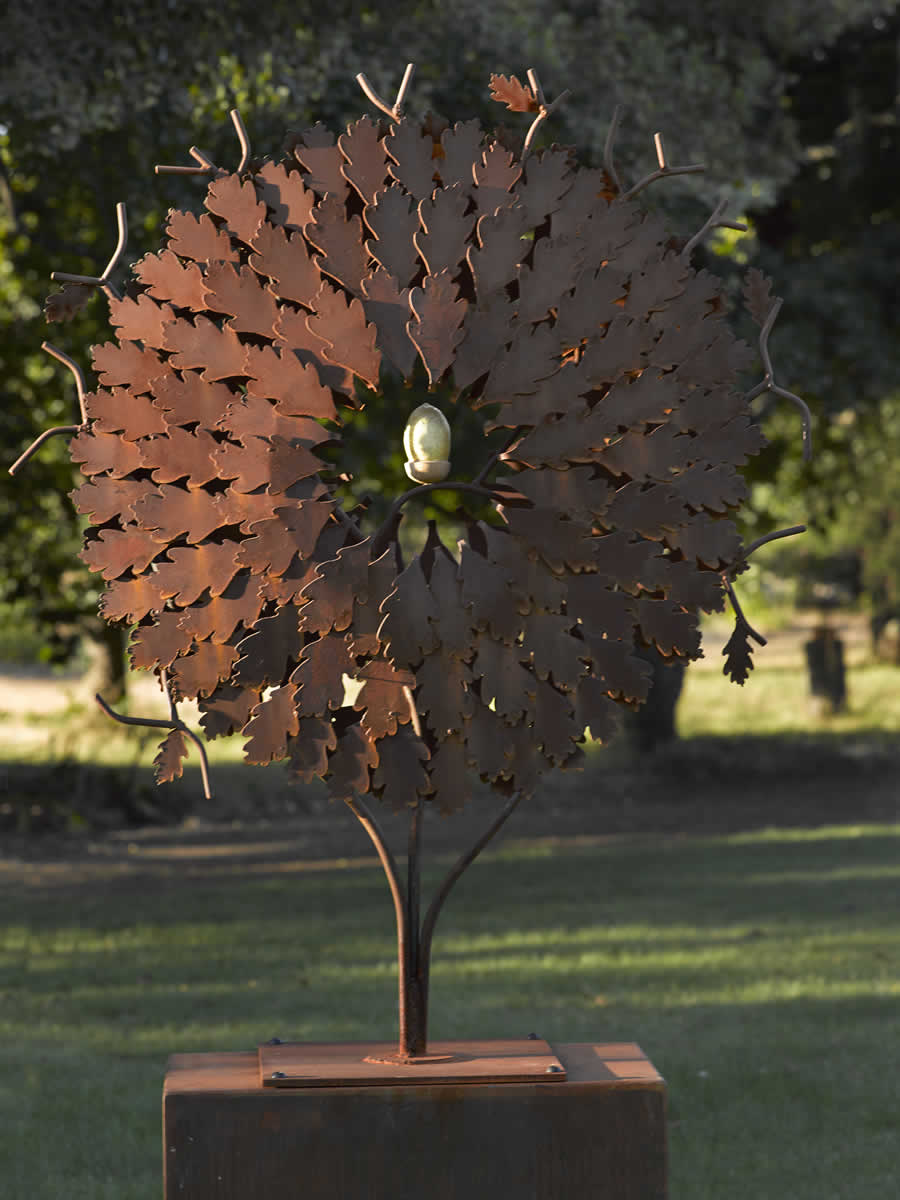 1.2m diameter, corten steel/gilded stone acorn