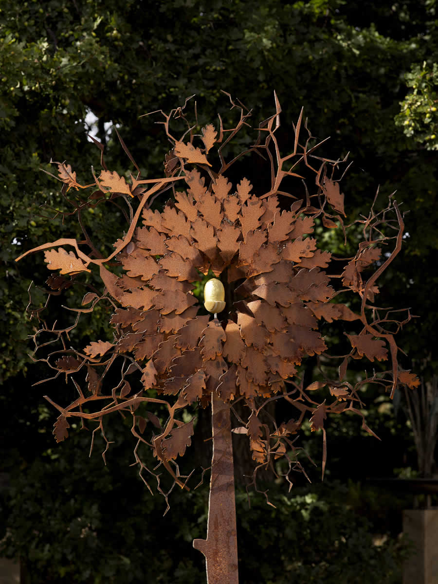 1.4m diameter, corten steel/gilded stone
