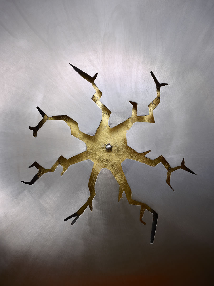 1.5m diameter, two sided stainless steel/corten steel/gold on swivel with exterior LED lighting (detail)