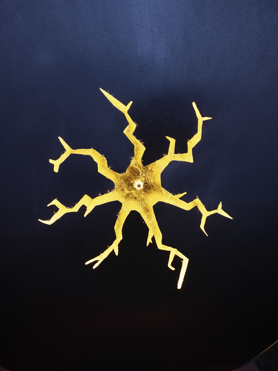 1.5m diameter, two sided stainless steel/corten steel/gold on swivel with exterior LED lighting (detail)