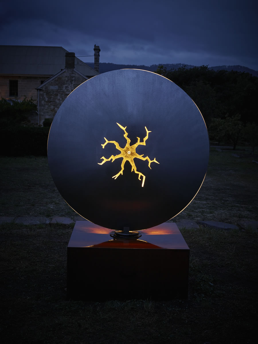 1.5m diameter, two sided stainless steel/corten steel/gold on swivel with exterior LED lighting (side 2)