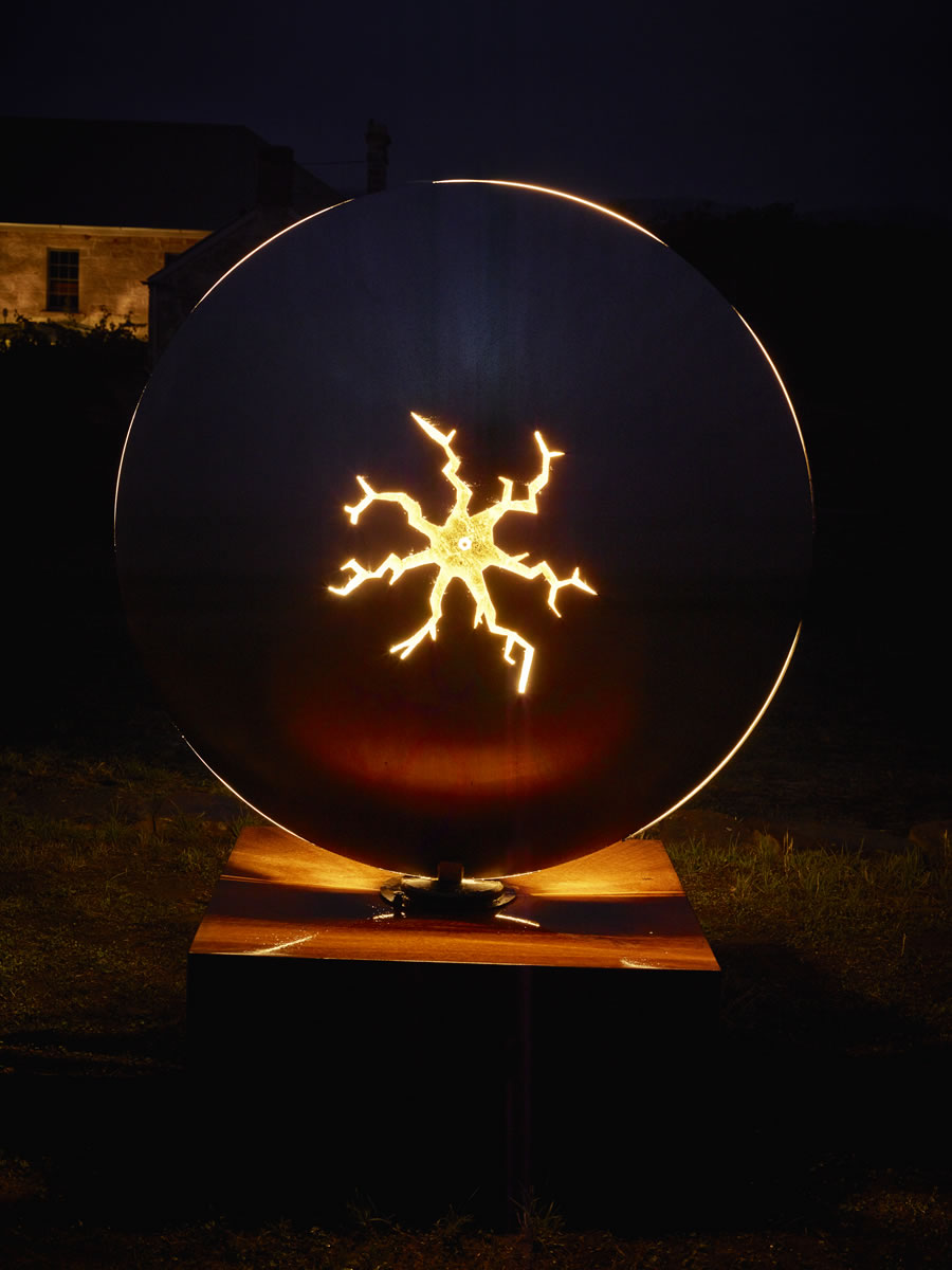 1.5m diameter, two sided stainless steel/corten steel/gold on swivel with exterior LED lighting (side 2)
