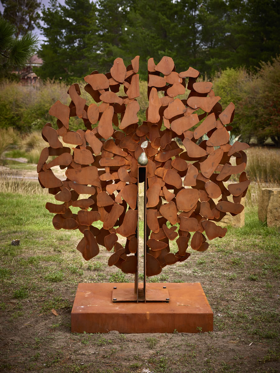 1.6m diameter, corten steel/bronze with exterior LED lighting